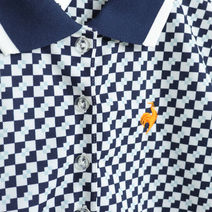 【美品！】ルコック★幾何学模様がおしゃれ♪ 半袖ポロシャツ ゴルフウェア サイズL 紺・白系 z22978