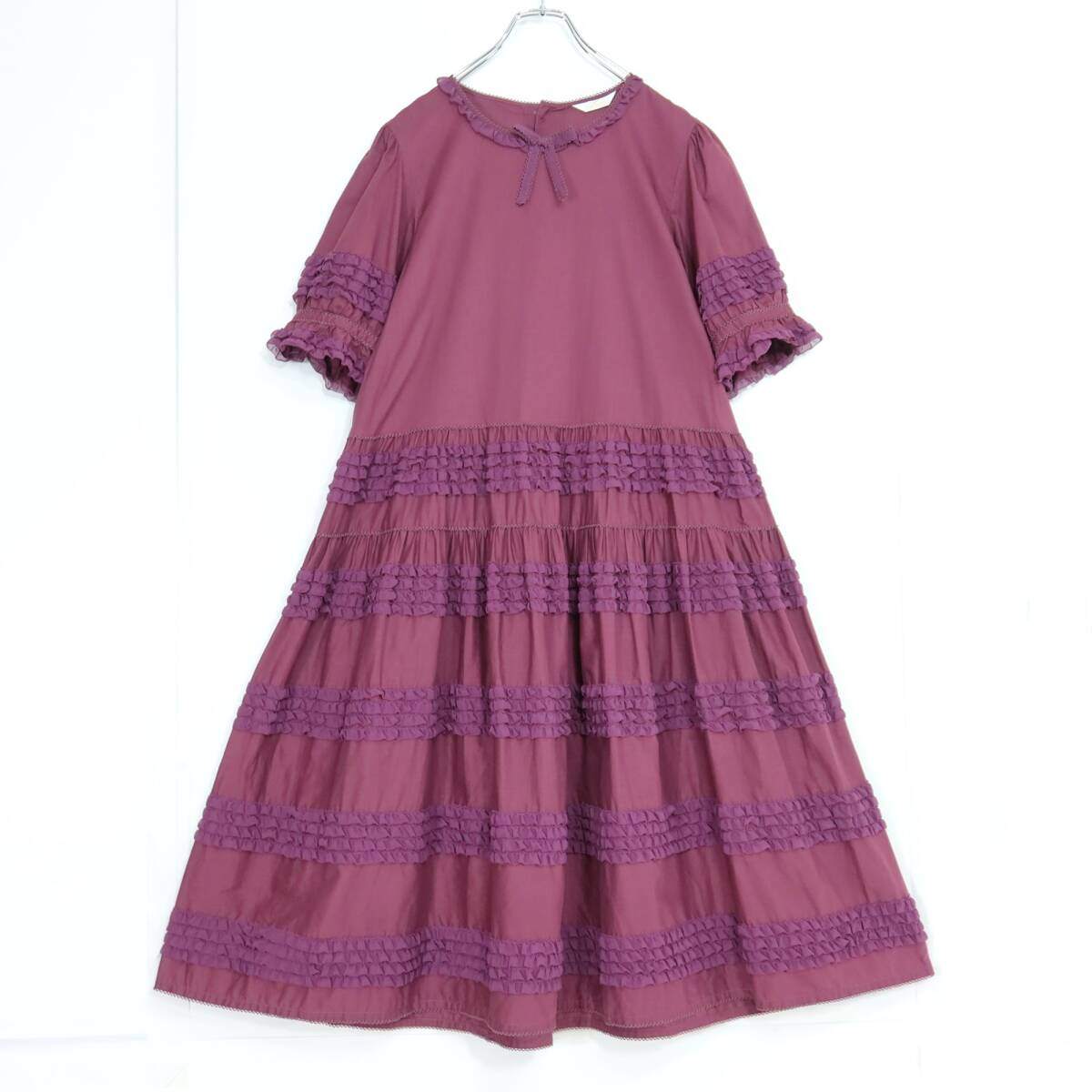 【極美品】ピンクハウス★配色フリル使い♪ローンワンピース ボルドー系 2024年 無地 z20233