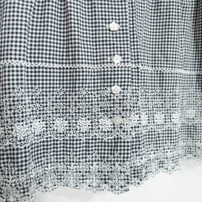 【美品】ピンクハウス★カットワーク刺繍♪ギンガムチェック 長袖ブラウス 黒系 前開き はしごレース リボン♪z21336
