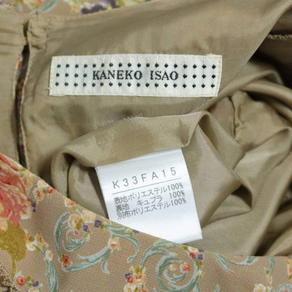 【美品】カネコイサオ★花柄pt♪オリエンタル調ワンピース 薄茶系 薄手 z20559