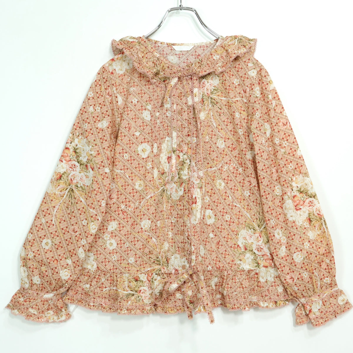 【美品】ピンクハウス★フェイバリットブーケpt♪ローンブラウス フーディ ピンク系 前開き たっぷりフリル♪z22909
