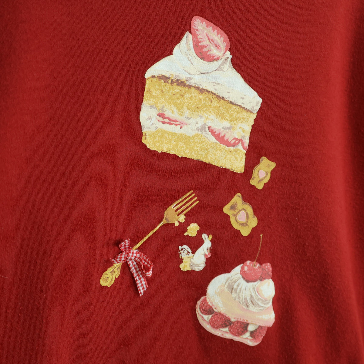 ピンクハウス★スイーツpt&ギンガムリボン♪長袖カットソー Tシャツ サイズM 赤系 無地 z22625