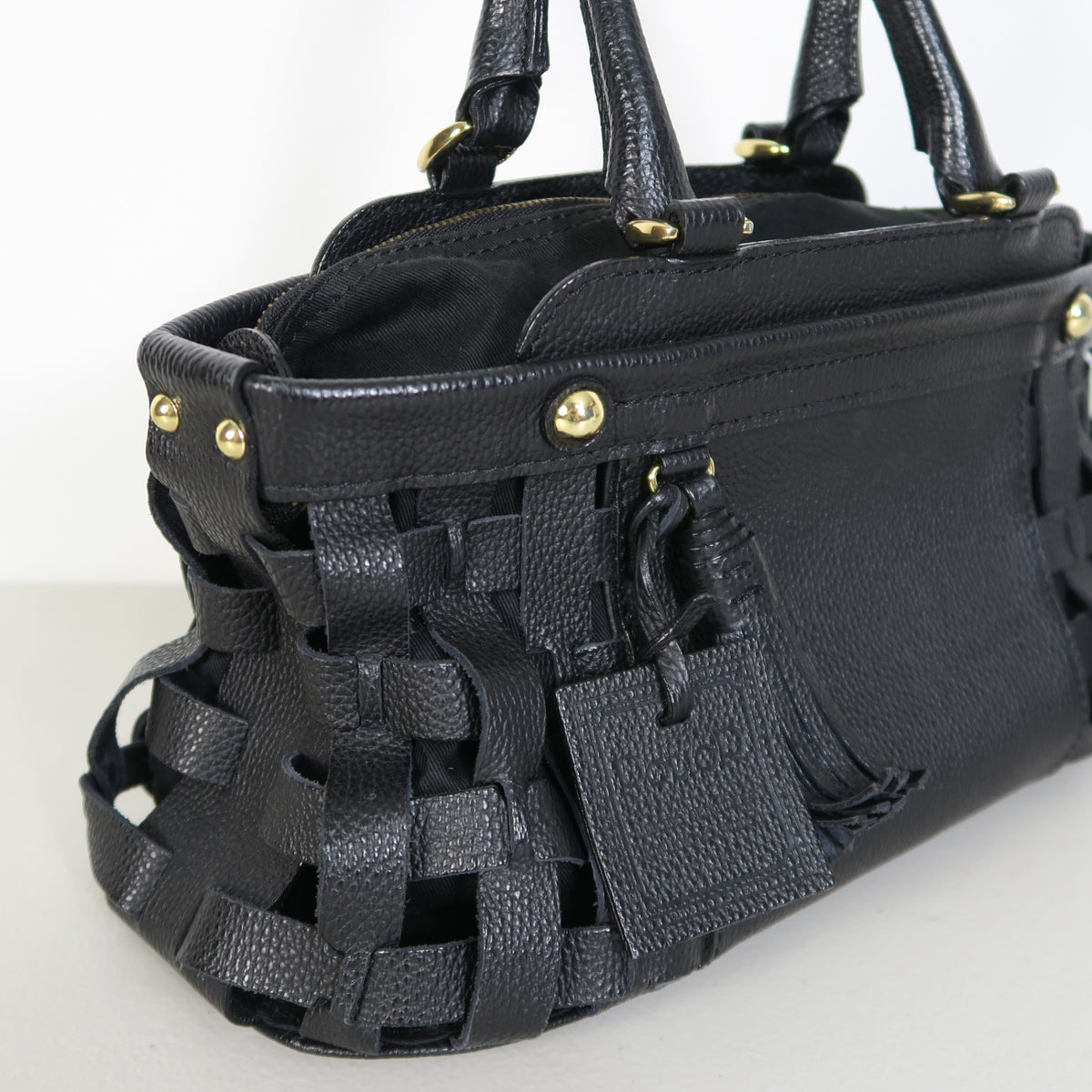 【美品】PotioR ポティオール★可愛い！サイドメッシュ ハンドバッグ 牛皮 レザー 黒系＊ba339
