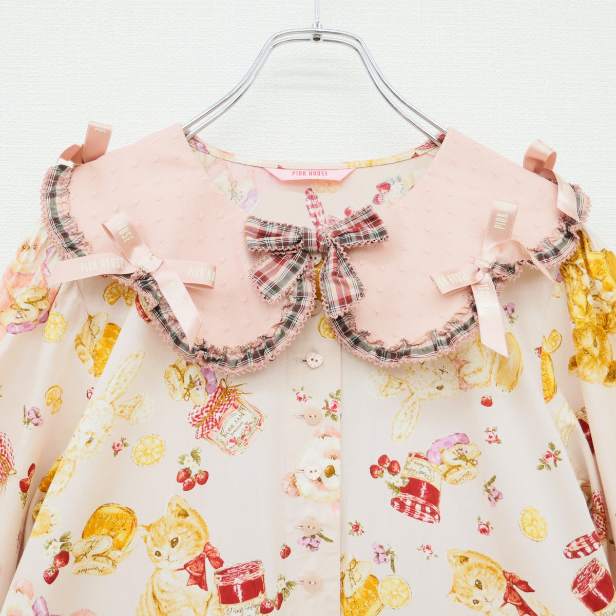【極美品】ピンクハウス★アニマルハッピージャムpt♪かぶせ段々ワンピース ピンク系 前開き ドットチュール&リボン♪z23295