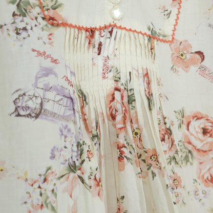 【美品】ピンクハウス★薔薇&エアメールpt♪半袖ミニワンピース エクリュ系 フリル&ピコレース♪薄手 z22548