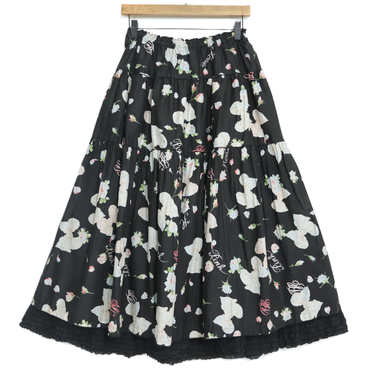 【美品】ピンクハウス★リボン&薔薇pt♪ローンギャザースカート 黒系 段々フリルがちら見え♪薄手 z22519