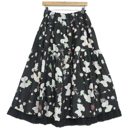 【美品】ピンクハウス★リボン&薔薇pt♪ローンギャザースカート 黒系 段々フリルがちら見え♪薄手 z22519