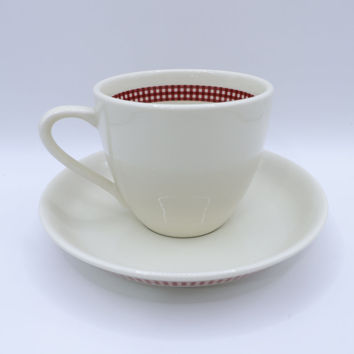 【美品】ピンクハウス★カップ＆ソーサー ギンガムチェック&ロゴ 陶器 ベージュ×赤系 so415