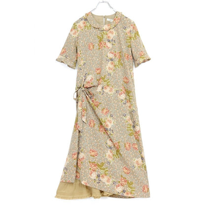 【美品】カネコイサオ★花柄pt♪オリエンタル調ワンピース 薄茶系 薄手 z20559