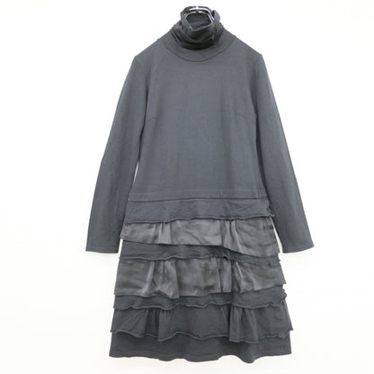 【美品】ボンサンス★アシンメトリーの段々裾が可愛い♪ ハイネック 長袖ワンピース サイズ38 黒系 z23392