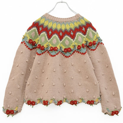 ワンダフルワールド カネコイサオ★カラフルなお花モチーフいっぱい♪長袖ニット セーター ピンク系 厚手 z23579