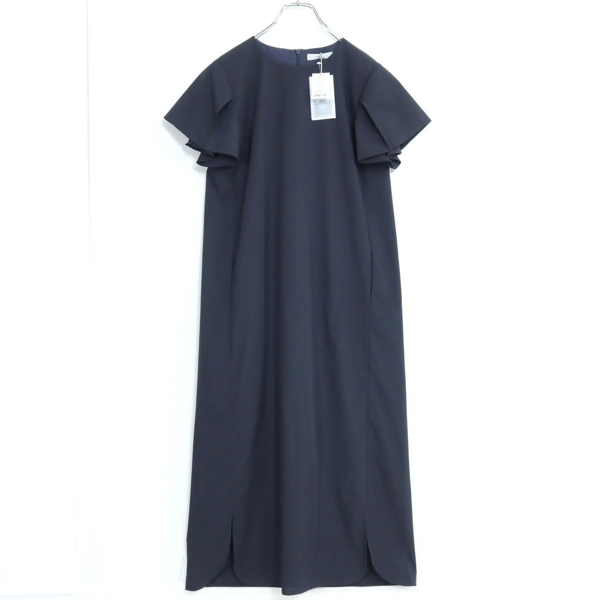 【美品】VIRINA ヴィリーナ★ケープ付き半袖ワンピース サイズXS 濃紺系 ドレープ感たっぷり♪総柄 z19779