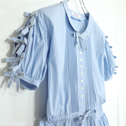 ワンダフルワールド カネコイサオ★リボンいっぱい♪半袖ワンピース 水色系 前開き リボンいっぱい♪薄手 z22044