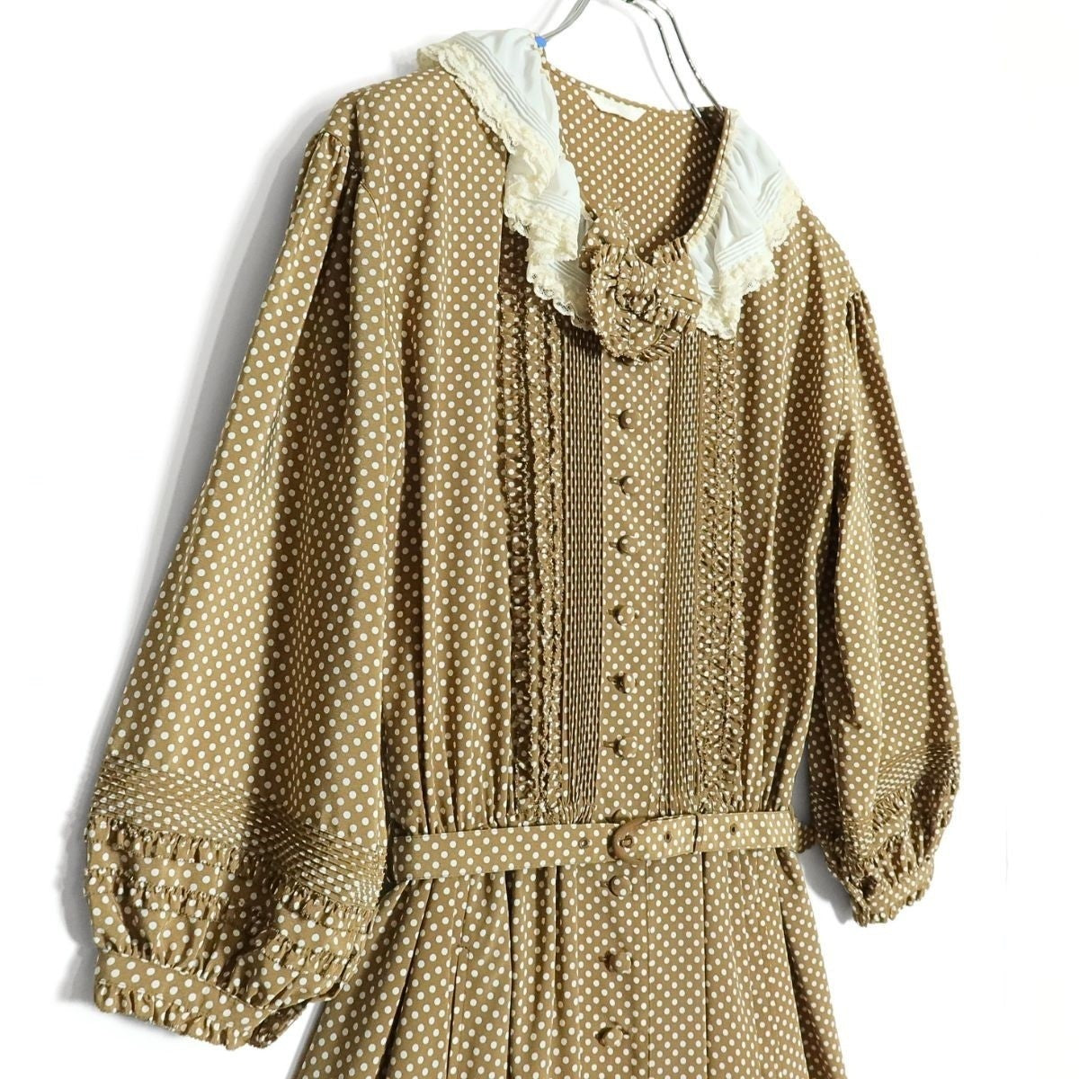 【美品】ピンクハウス★大人可愛い！ドット柄パフスリーブワンピース レトロ レース衿デザイン 薄ブラウン系 z15619