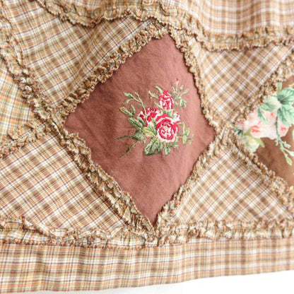 ピンクハウス★ローズ刺繍パッチワーク♪オリチェptワンピース 茶系 前開き フリルたっぷり♪薄手 z20996