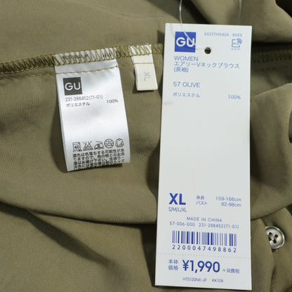 【極美品・紙タグ有】GU ジーユー★エアリーVネックブラウス 長袖 大きいサイズXL オリーブ系 無地 薄手 z22854