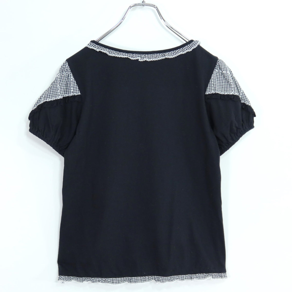 【美品】ピンクハウス★ギンガムチェック柄が可愛い♪ 半袖カットソー カットワーク刺しゅうデザイン サイズ3(M) 黒系 z19976