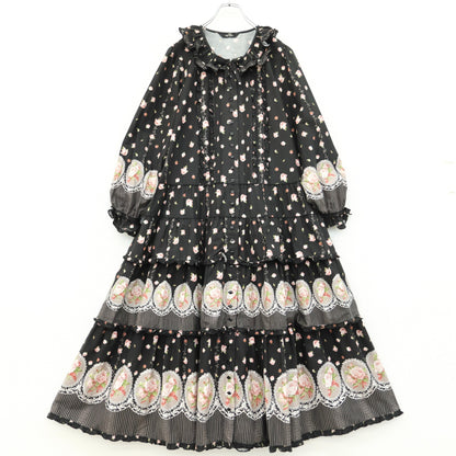 ピンクハウス★豪華！ローズガーデナーpt♪かぶせ段々ワンピース 黒系 前開き 舞い散るピンクローズ♪薄手 z23657