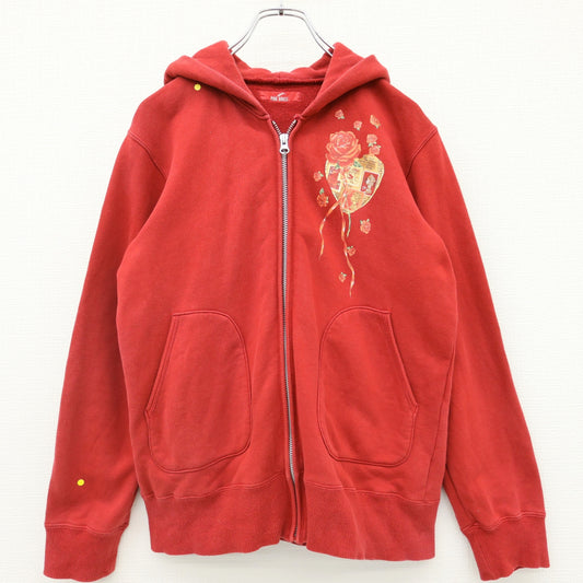ピンクハウス★ハート×薔薇コラージュpt&ワッペン♪ジップアップパーカー フーディ サイズM 赤系 無地 厚手 z23326