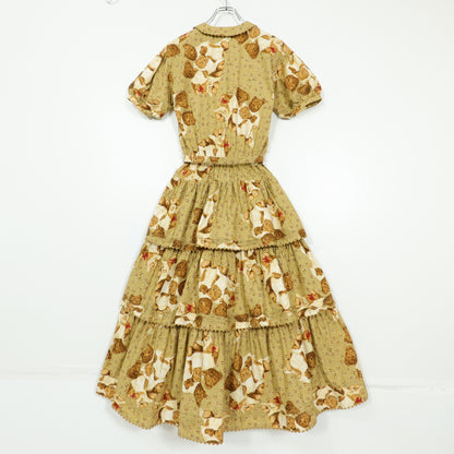 【美品】ワンダフルワールド カネコイサオ★たくし上げ&かぶせ段々♪親子くまptワンピース 茶系 z22564