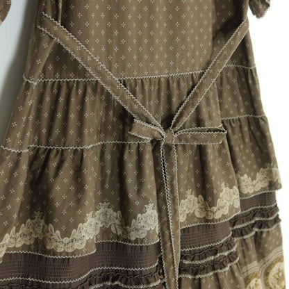 【レア美品】ピンクハウス★アンティーク調♪かぶせ段々ワンピース 茶系 王冠&黒猫&バイオリンpt♪薄手 z19739