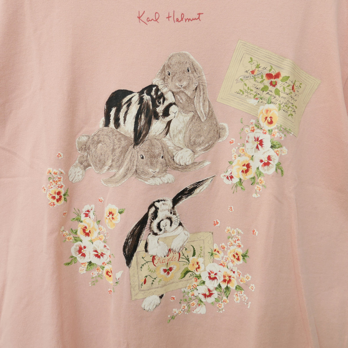 カールヘルム★可愛らしいうさぎpt♪花柄 ブランドロゴ入り 半袖Tシャツ サイズM ピンク系 z23301