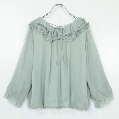 【極美品】ローズティアラ★たっぷりフレアが素敵♪長袖カットソー 大きいサイズ42 グリーン系 z22752
