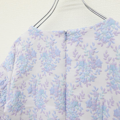 【美品】マーリエ ル カセット★セットアップ♪フラワージャガードブラウス&スカート サイズ7 薄紫系 ボリューム袖 厚手 z23313