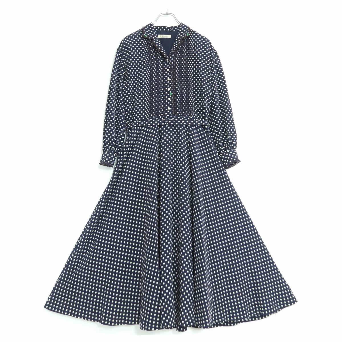 インゲボルグ★大人上品！ドットpt&レース♪長袖ワンピース ネイビー系 パールビーズ♪薄手 z19622