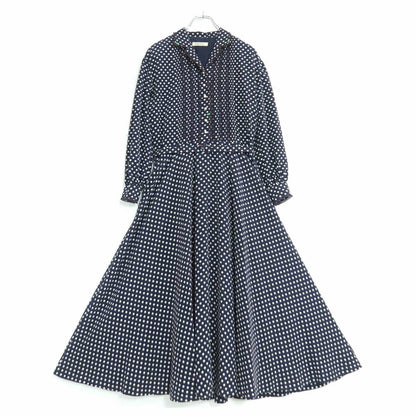 インゲボルグ★大人上品！ドットpt&レース♪長袖ワンピース ネイビー系 パールビーズ♪薄手 z19622