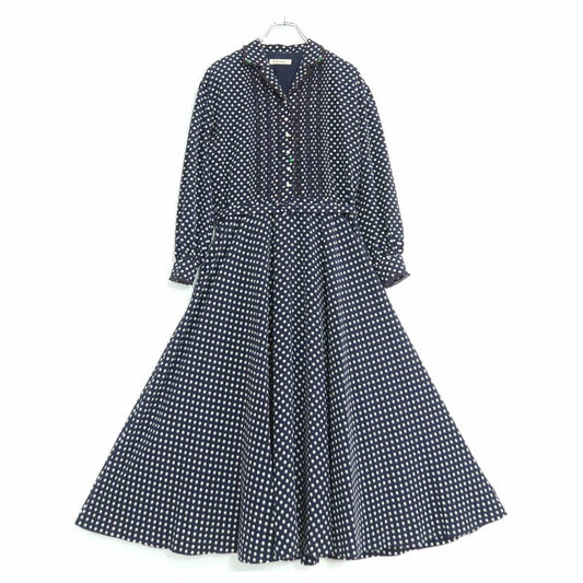 インゲボルグ★大人上品！ドットpt&レース♪長袖ワンピース ネイビー系 パールビーズ♪薄手 z19622