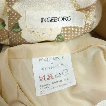 【美品】インゲボルグ★上品！カメリア&チェックpt♪半袖ワンピース サイズM ベージュ系 ブローチ付♪残布有 ＊ z20046