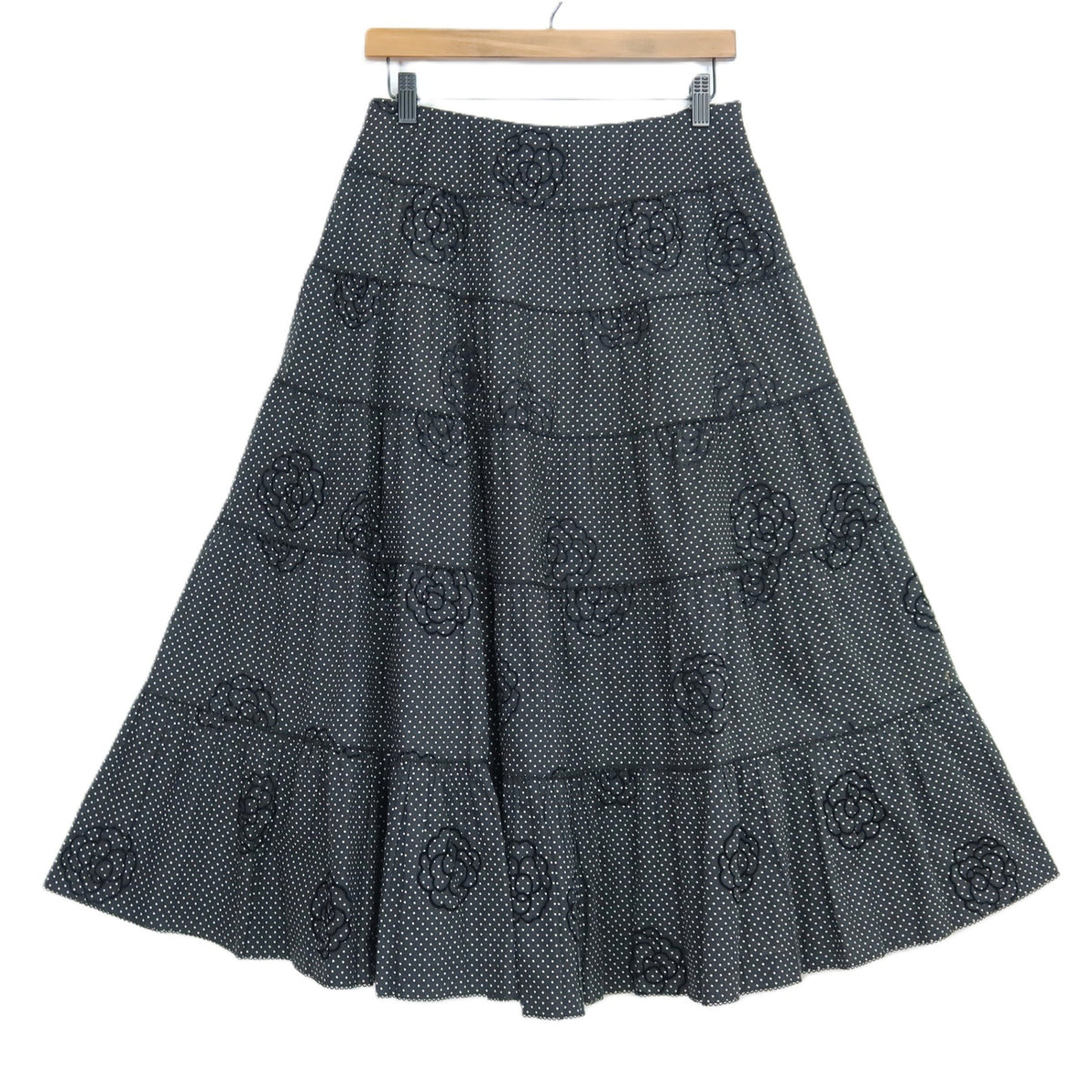 インゲボルグ★カメリア刺繍×ドット柄が可愛い♪ピコレース ティアードスカート サイズ11号 黒系 z20333