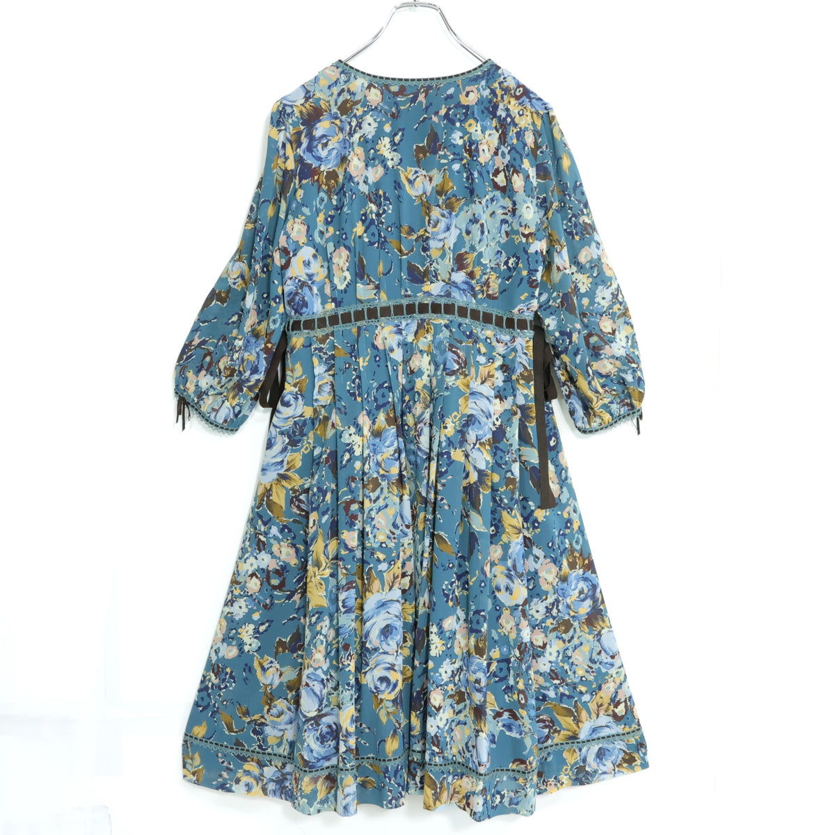 インゲボルグ★はしごレース&ベロアリボン♪花柄シフォンワンピース サイズ9 青緑系 薄手 z22247