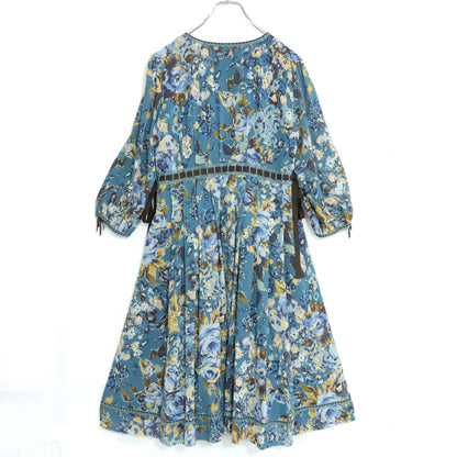 インゲボルグ★はしごレース&ベロアリボン♪花柄シフォンワンピース サイズ9 青緑系 薄手 z22247