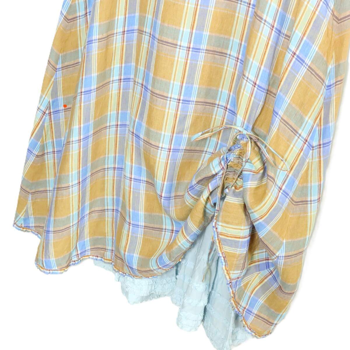 【極美品】ピンクハウス★たくし上げ&裾段々フリル♪オリチェptのリネンワンピース 黄褐色×青系 フリル♪残布有 z18000