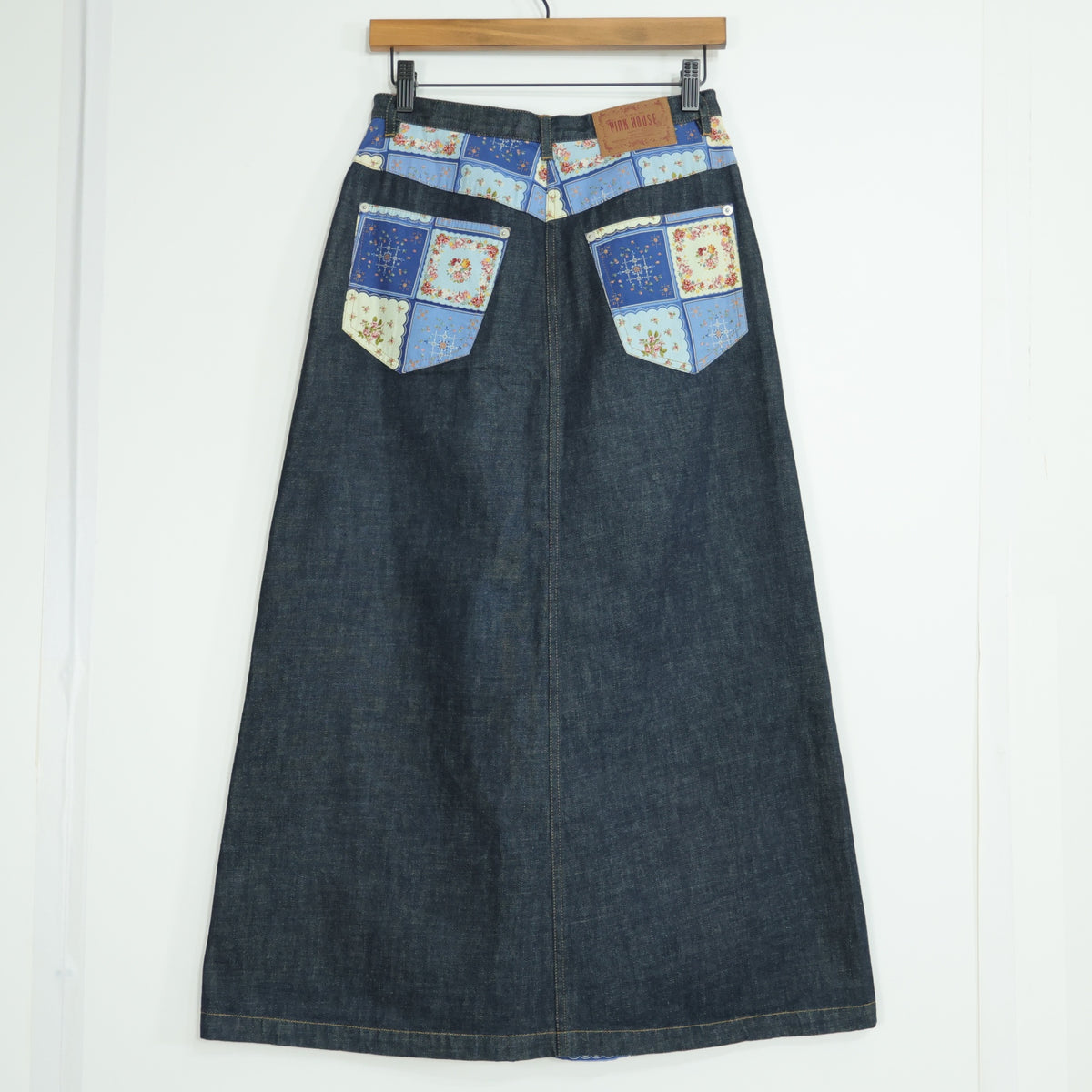 【美品】ピンクハウス★バンダナ柄パッチワーク♪デニムスカート 大きいサイズL 紺系 無地 z23081