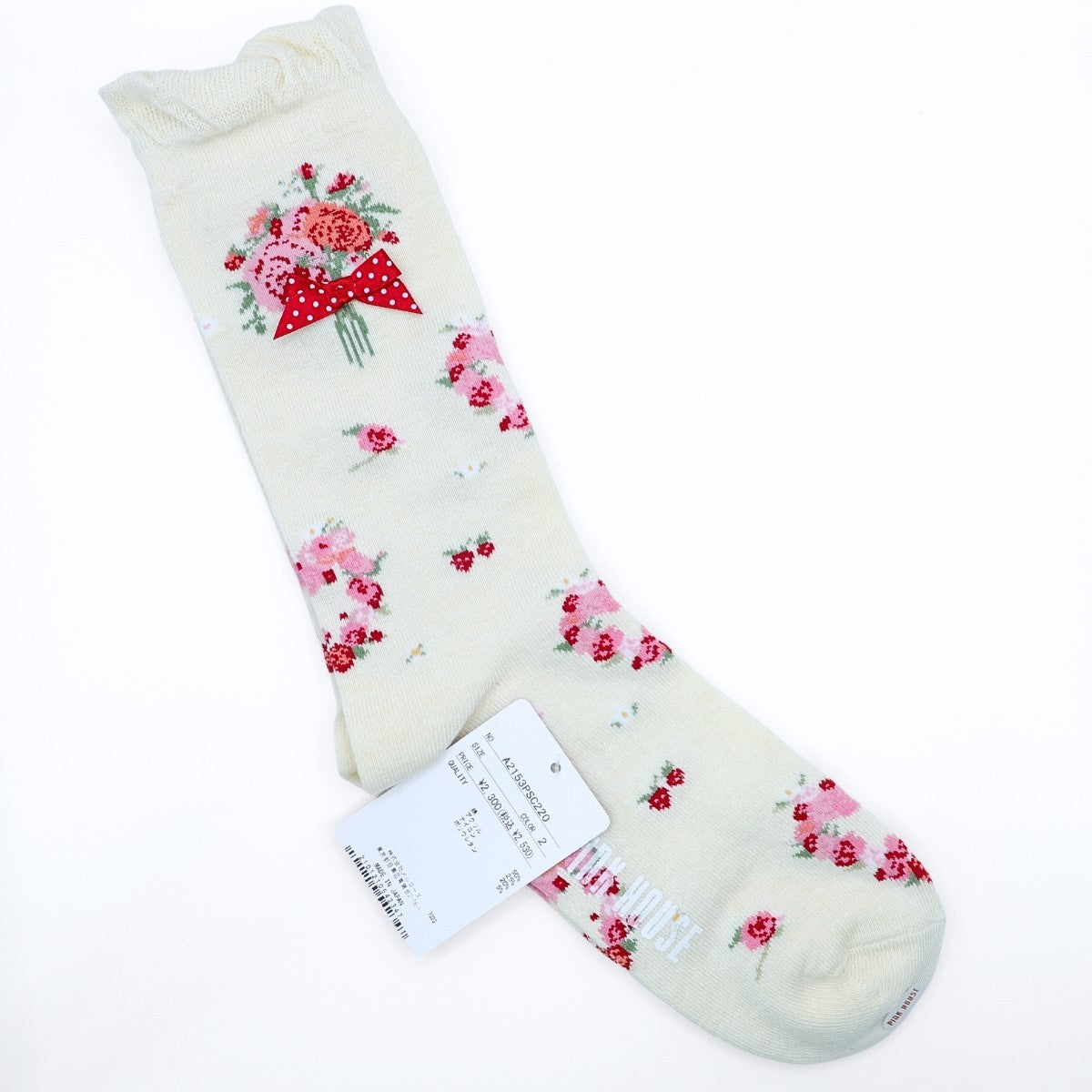 【タグ付き美品】ピンクハウス★カーネーション ソックス ドットリボン キッズ18㎝ アイボリー系 *so319