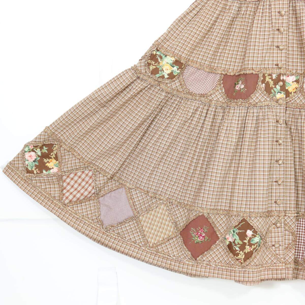 ピンクハウス★ローズ刺繍パッチワーク♪オリチェptワンピース 茶系 前開き フリルたっぷり♪薄手 z20996