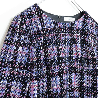 【新品タグ付】レリアン★上品！千鳥格子風チェック♪フロッキープリントワンピース サイズ11号 定価6.4万 黒×紫系 z21380