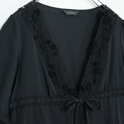【美品！】インゲボルグ★花モチーフとレース編みが可愛い♪ ふんわり半袖チュニック サイズ9 黒系 z22059