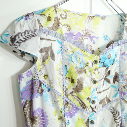 TS EVANCE ティーエスエバンス★華やかな花柄！ セットアップ 半袖ブラウス フレアスカート サイズM パープル・ブルー系 z23090