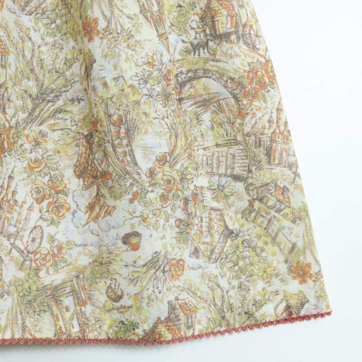 【極美品】ピンクハウス★清楚で可愛い！ バルーン袖♪風景スケッチ柄♪ 半袖ワンピース ミックス系 前開き ＊ z15960