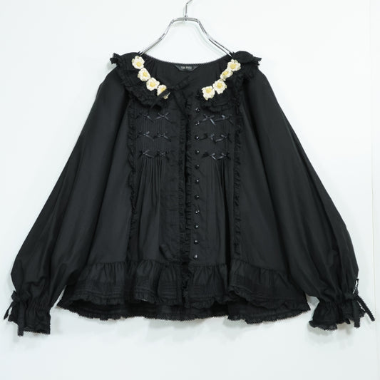 【美品】ピンクハウス★お花のモチーフ♪ふんわりローンブラウス 黒系 前開き サテンリボンも♪無地 z22169