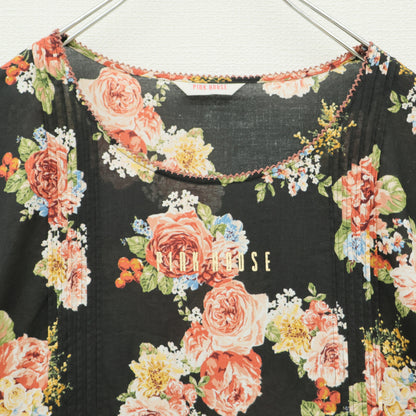 ピンクハウス★薔薇pt♪半袖ローンワンピース 黒系 ふんわり♪カラフル刺繍&リボン z23190