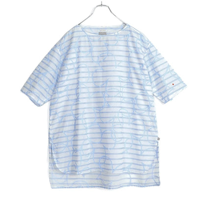 【美品】SOUSOU ソウソウ★YOUSOU 綿麻♪ゆったり半袖チュニック 白×青系 お花&ボーダー柄 薄手 z21180