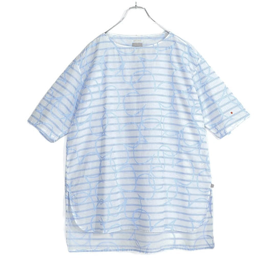 【美品】SOUSOU ソウソウ★YOUSOU 綿麻♪ゆったり半袖チュニック 白×青系 お花&ボーダー柄 薄手 z21180