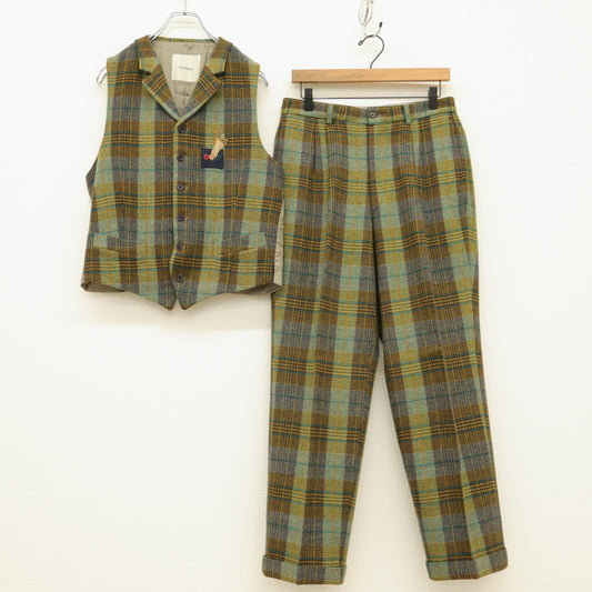 カールヘルム★ツイードチェック柄♪2点セット♪トラッドスタイル ベスト パンツ メンズ グリーン系 z23159