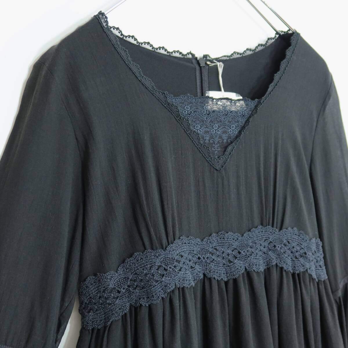 【極美品・紙タグ有】ピンクハウス★チュールレース使い♪ベルスリーブワンピース サイズM 黒系 無地 z20816