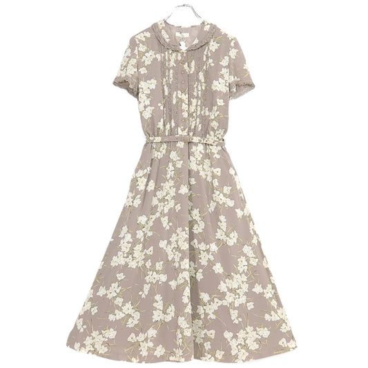 【美品】インゲボルグ★上品！レースフリル使い♪花柄ワンピース 半袖 薄茶系 残布有 薄手 ＊z20067